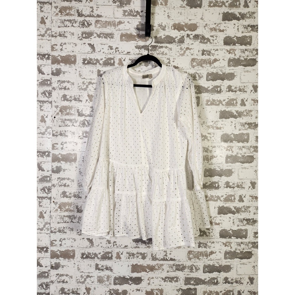 Boho Peasant Tiered Eyelet Mini Dress Size 10 White Babydoll Coastal Cottage